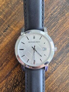 Burberry Silver and Black Leather Dress Watch